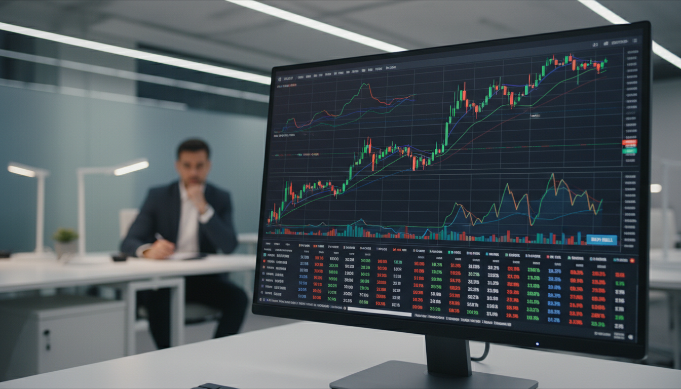 Экран компьютера с графиками фондового рынка и брокерским счетом