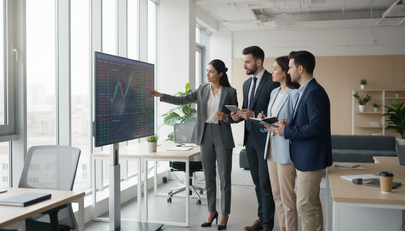 Команда инвесторов анализирует графики на фондовом рынке