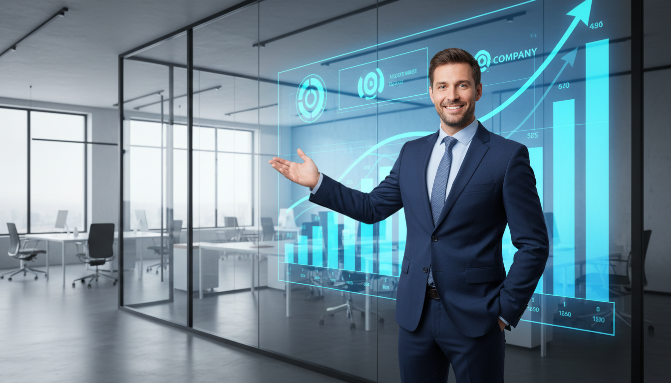 Мужчина-аналитик демонстрирует стратегии роста на интерактивном экране