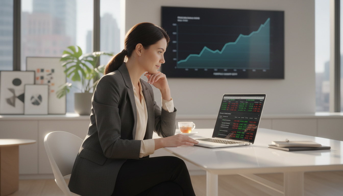 Женщина-инвестор анализирует дивидендные акции на ноутбуке