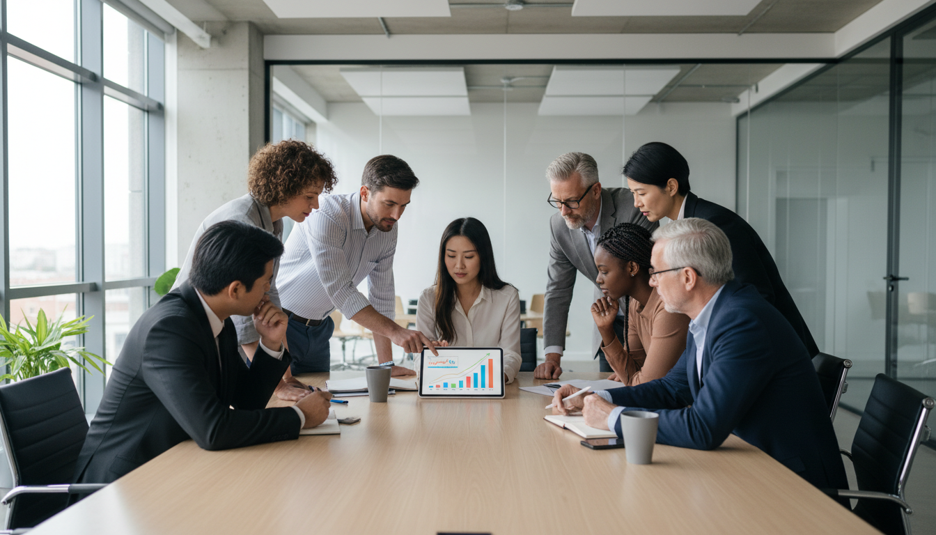 Группа людей обсуждает инвестиционные стратегии в современном офисе